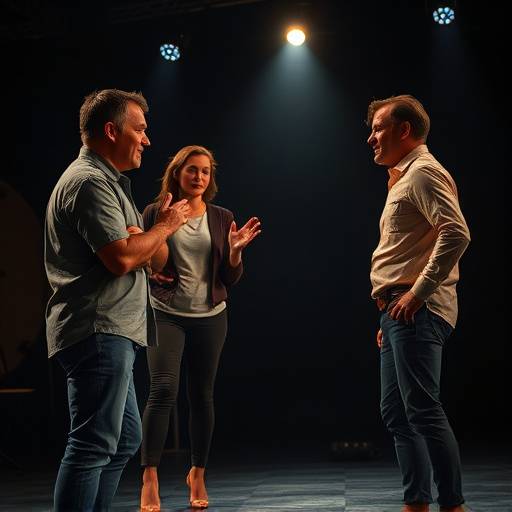 Grupo de atores improvisando uma cena em um palco, interagindo e criando diálogos espontâneos.