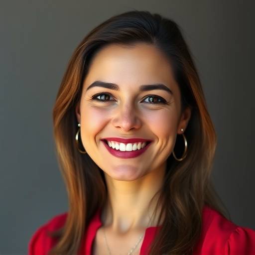 Retrato da professora Ana Beatriz Moreira, sorrindo e vestindo uma blusa vermelha