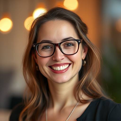 Retrato da professora Laura Costa, sorrindo e usando óculos