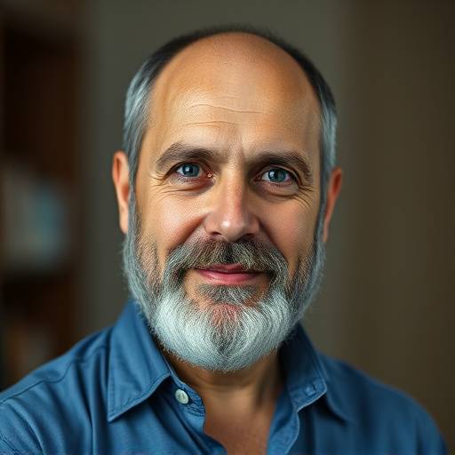 Retrato do professor Carlos Mendes, com barba e camisa azul, olhando para a câmera
