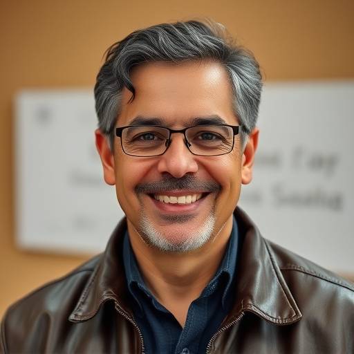 Retrato do professor Pedro Souza, sorrindo e vestindo uma jaqueta de couro