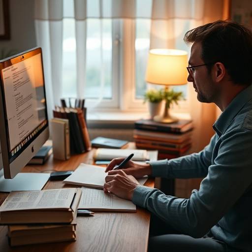 Roteirista trabalhando em um computador, com anotaäões e livros sobre a mesa, concentrado na criaäão de uma história.